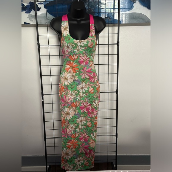 Green Floral Cut Out Pink Self Tie Back Closure Midi Dress - Picture 9 of 17